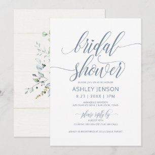 Invitación Ducha de Novia Caligrafía de Lujo Floral Azul Polv