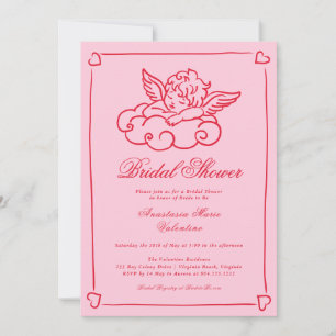 Invitación Ducha de Novia Caprichosa de Querubín Rosa y Rojo