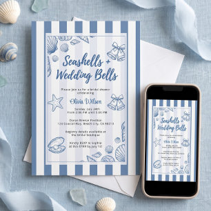 Invitación Ducha de Novia Caracola Azul Náutico Personalizado