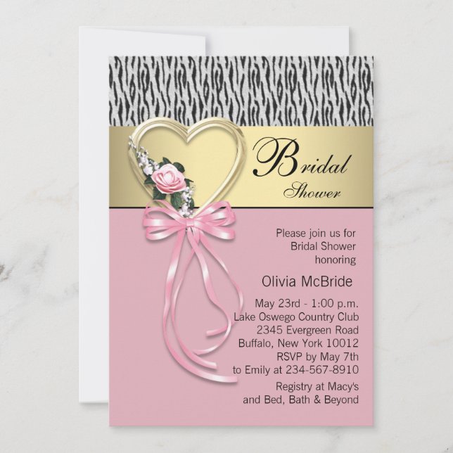 Invitación Ducha de Novia Cebra Rosa Dorado Negra (Anverso)