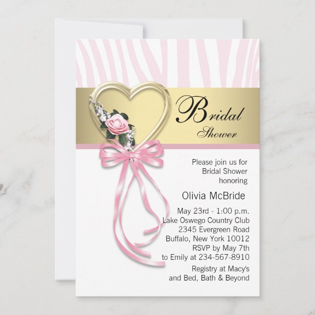 Invitación Ducha de Novia Cebra Rosa Dorado Negra (Anverso)