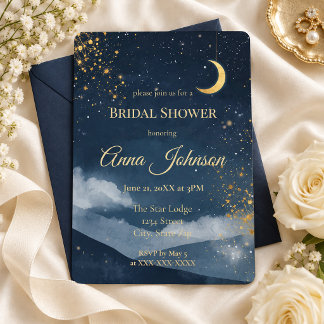 Invitación Ducha de Novia Celestial Luna y Estrellas en Azul