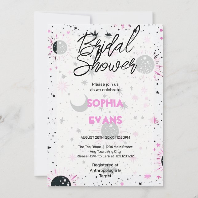Invitación Ducha de Novia Celestial Negra y Rosa (Anverso)