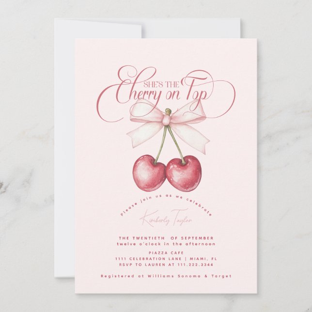 Invitación Ducha de Novia Cereza Rosa Encima (Anverso)