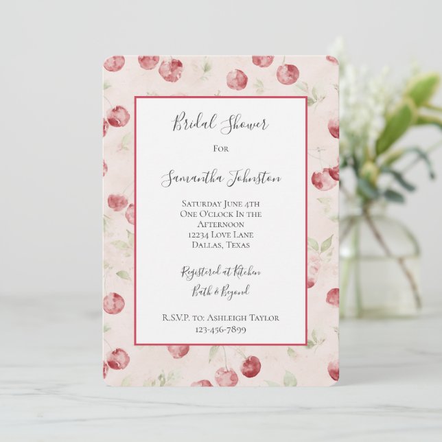 Invitación Ducha de Novia Cerezas Rojas Crema (Anverso de pie)