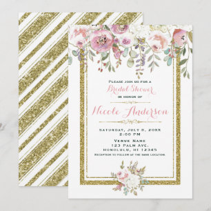 Invitación Ducha de Novia Chic Floral Pastel Brillo Dorado Gl