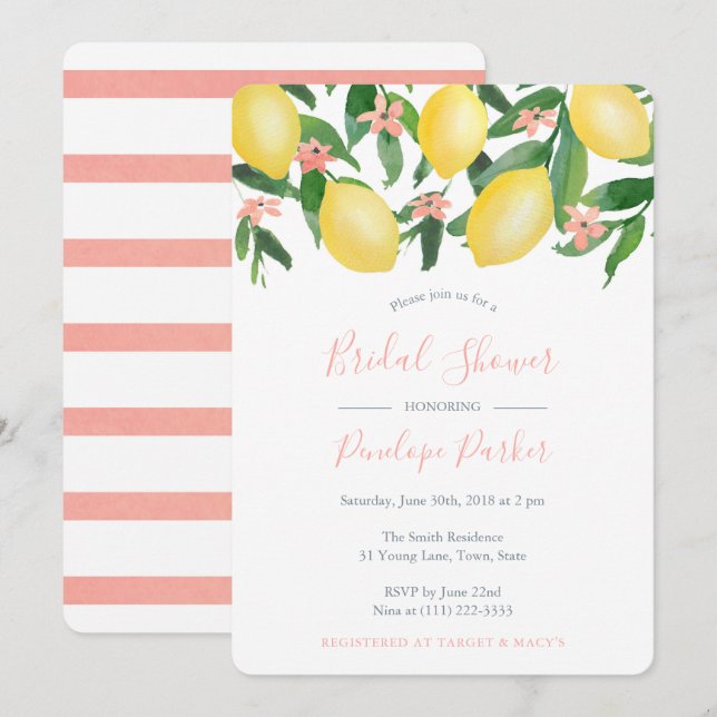 Invitación Ducha de novia, cítricos amarillo y rosa suave (Anverso / Reverso)