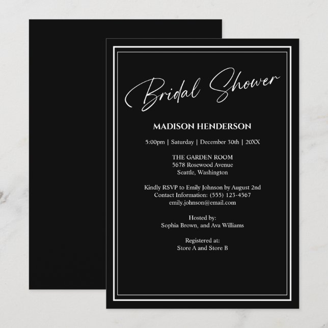 Invitación Ducha de novia clásica negra y blanca Boda (Anverso / Reverso)