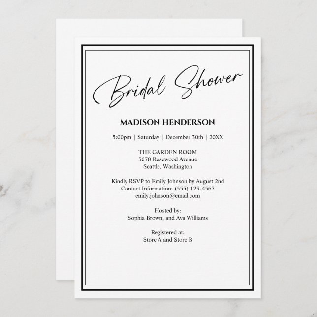 Invitación Ducha de novia clásica negra y blanca Boda (Anverso / Reverso)