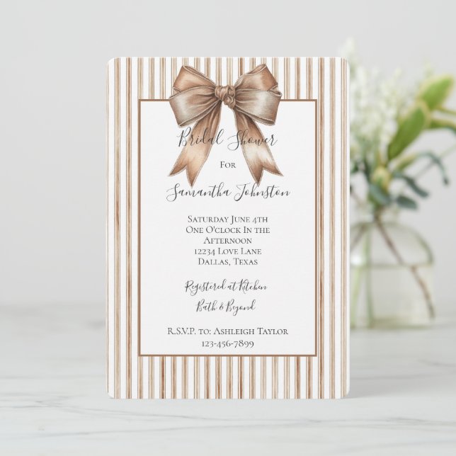 Invitación Ducha de Novia Cocoa Bow Marrón Crema Rayas  (Anverso de pie)