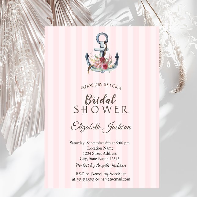 Invitación Ducha de Novia con Ancla Floral Rosa a Rayas (Subido por el creador)
