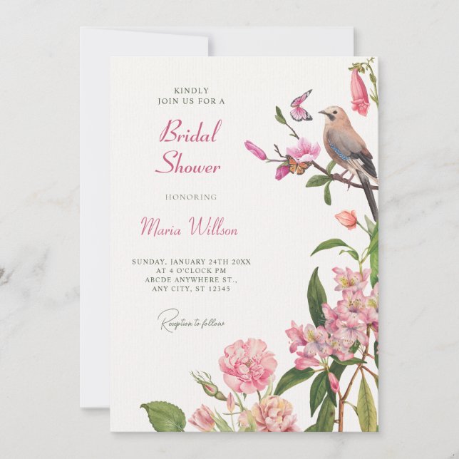 Invitación Ducha de novia con arte de ave floral (Anverso)