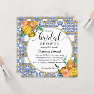 Invitación Ducha de novia con azulejos azules de la Italia me