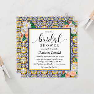 Invitación Ducha de novia con azulejos azules de la Italia me