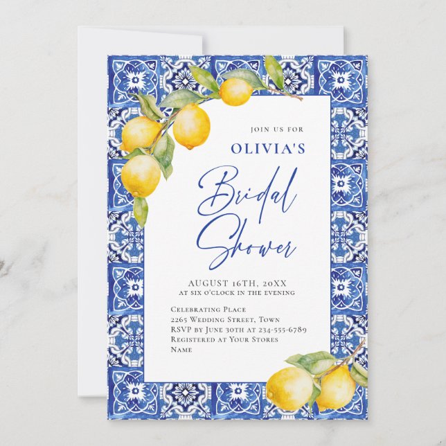 Invitación Ducha de novia con azulejos azules de lemones medi (Anverso)