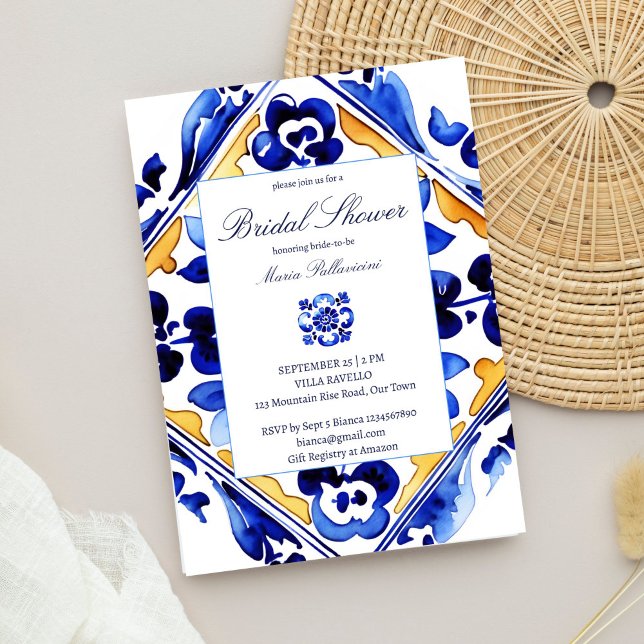 Invitación Ducha de novia con azulejos azules italianos Amalf (Amalfi Vietri Italian Mediterranean blue tiles bridal shower template Invitation digital download)