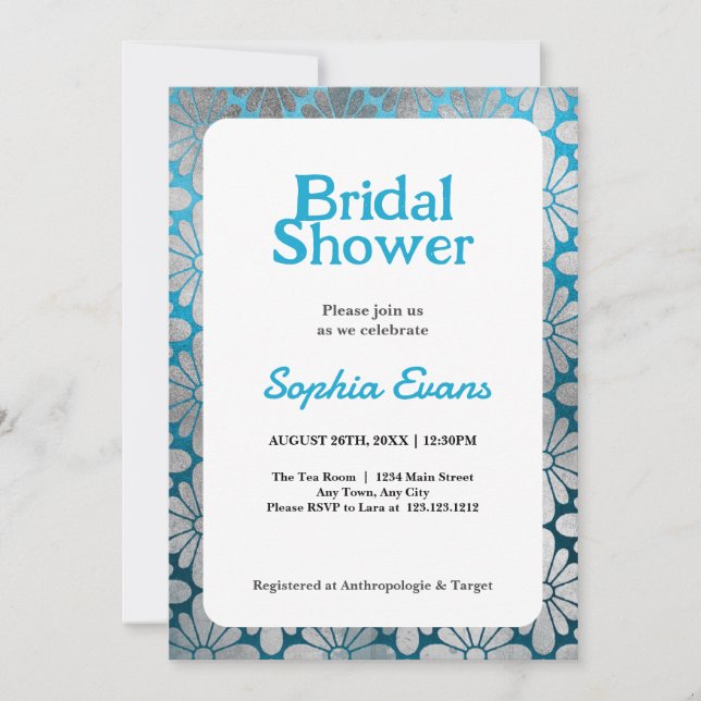 Invitación Ducha de novia con borde floral azul y plateado (Anverso)