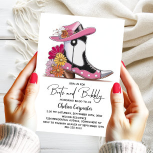 Invitación Ducha de Novia con Botas Rosas y Burbujas