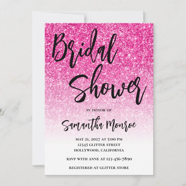 Invitación Ducha de Novia con Brillo Rosa Fucsia Gradiente Bl (Anverso)