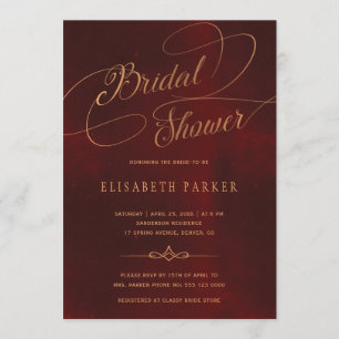 Invitación Ducha de novia con caligrafía dorada burgundy