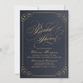 Invitación Ducha de novia con caligrafía elegante en oro y az