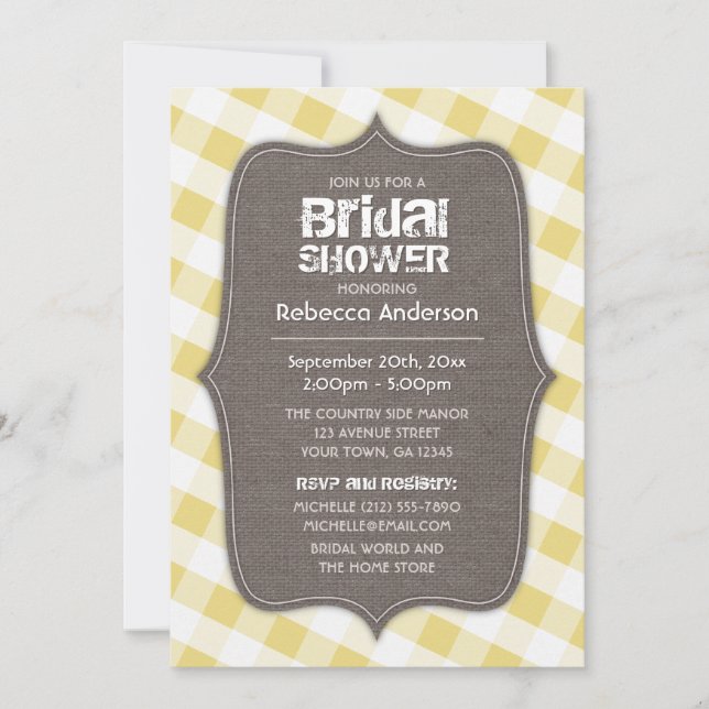 Invitación Ducha de novia con canvas de Gingham amarillo y bl (Anverso)
