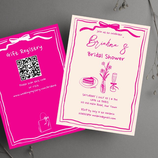 Invitación Ducha de novia con cinta retro rosa y garabato dib (Handdrawn scribble retro pink ribbon bridal shower invitation template with qr registry digital)