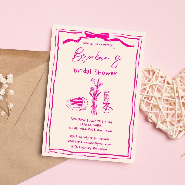 Invitación Ducha de novia con cinta retro rosa y garabato dib (Handdrawn scribble retro whimsical pink ribbon bridal shower invitation template digital download)