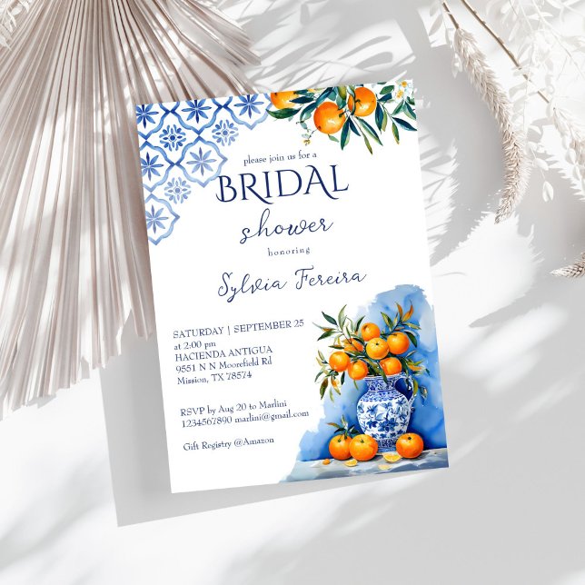 Invitación Ducha de novia con cítricos de la chinoiserie azul (Talavera blue chinoiserie citrus oranges summer bridal shower invitation template instant download)
