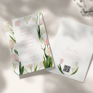 Invitación Ducha de Novia con Código QR de Tulipán Rosa Suave