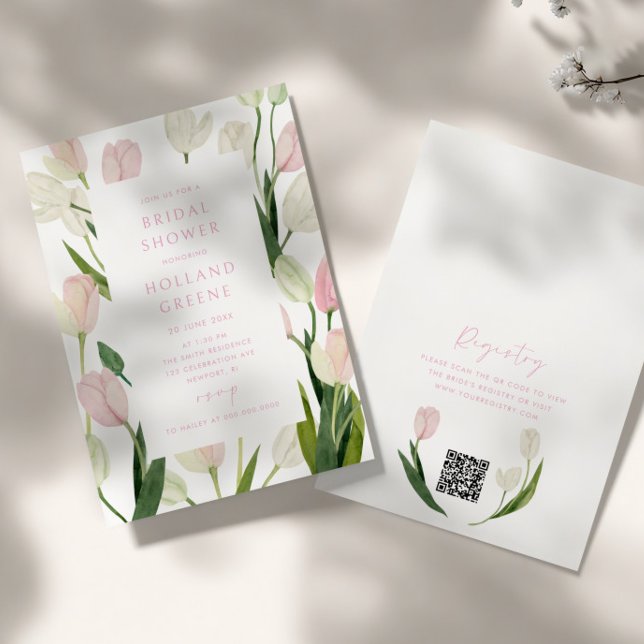 Invitación Ducha de Novia con Código QR de Tulipán Rosa Suave (Subido por el creador)