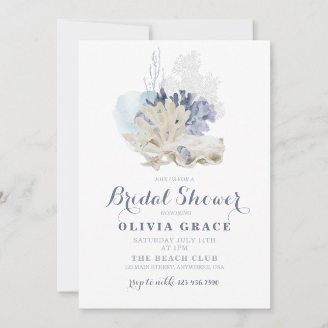 Invitación Ducha de novia con concha azul de la playa Coastal (Anverso)