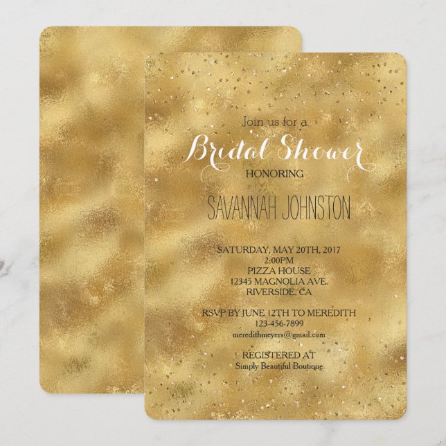 Invitación Ducha de novia con confeti de purpurina dorado (Anverso / Reverso)