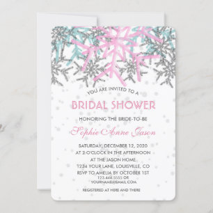 Invitación Ducha de novia con copos de nieve azul rosado plat