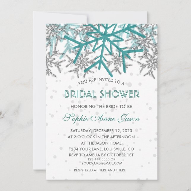 Invitación Ducha de novia con copos de nieve turquesa de invi (Anverso)