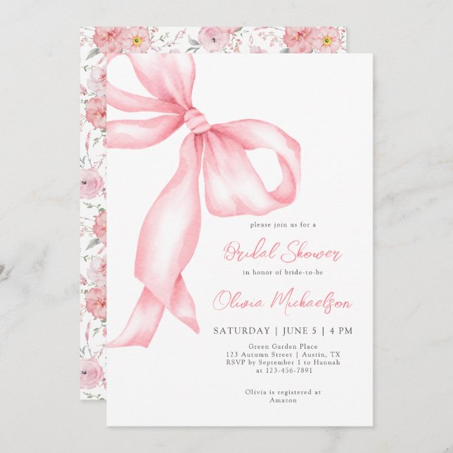 Invitación Ducha de novia con coqueta de flores de cinta rosa (Anverso / Reverso)
