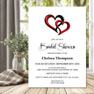 Invitación Ducha de novia con corazones negros y rojos modern