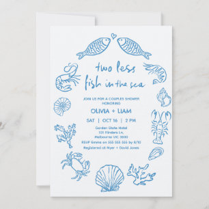 Invitación Ducha de novia con dos parejas de peces azul dibuj