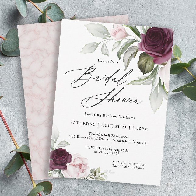 Invitación Ducha de novia con encanto botánico rosa y ciruela (A feminine elegant botanical bridal shower invitation to personalize for your shower.)