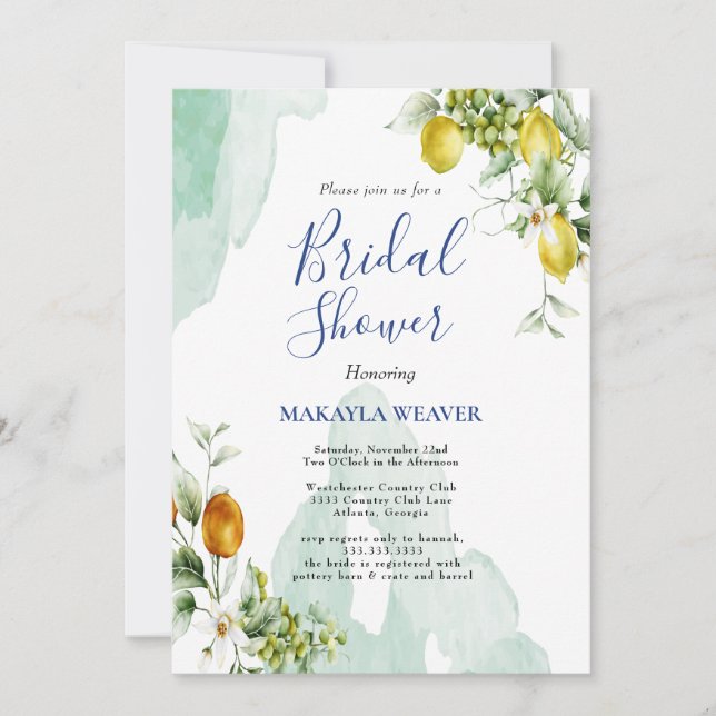 Invitación Ducha de novia con escritura floral azul limón ita (Anverso)