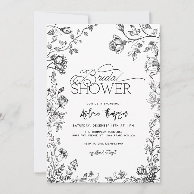 Invitación Ducha de novia con escritura floral moderna dibuja (Anverso)