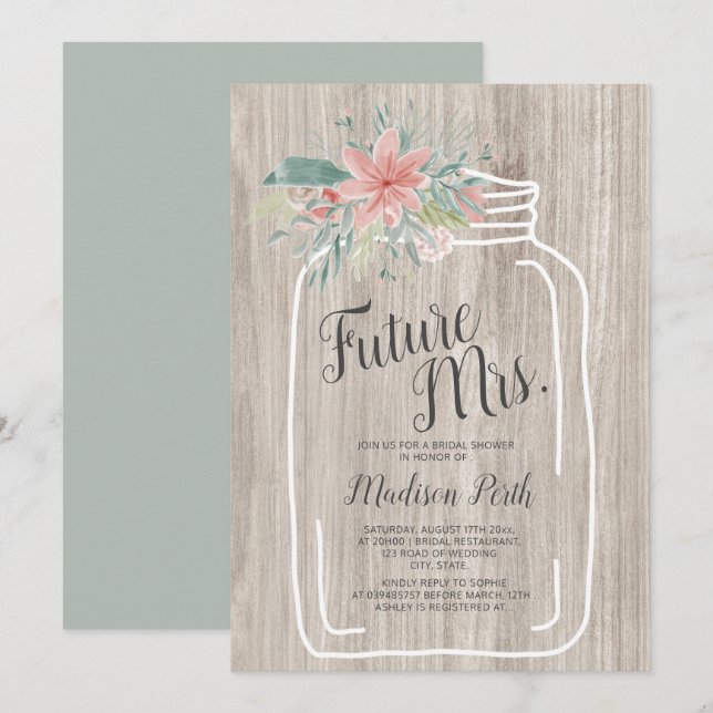 Invitación Ducha de novia con escritura jarrón de madera gris (Anverso / Reverso)