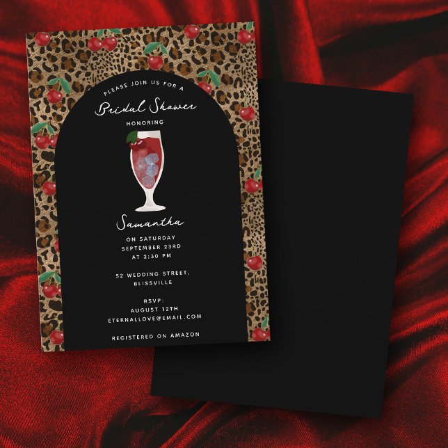 Invitación Ducha de Novia con Estampado de Leopardo y Guepard (Leopard Cheetah Print Cherry Bridal Shower Invitation)