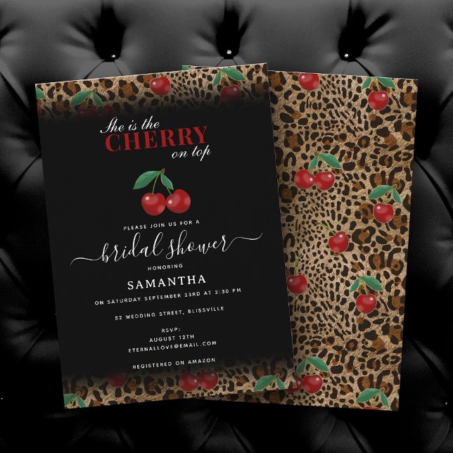 Invitación Ducha de Novia con Estampado de Leopardo y Guepard (Leopard Cheetah Print Cherry On Top Bridal Shower Invitation)