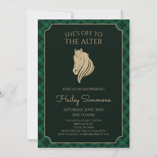 Invitación Ducha de Novia con Estilo Derby de Cuadros Verdes (Anverso)