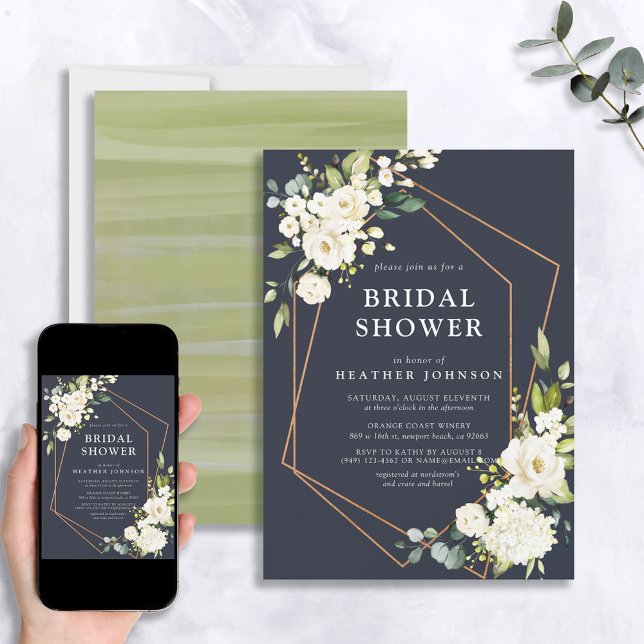 Invitación Ducha de novia con flor blanca geométrica de cobre (Subido por el creador)