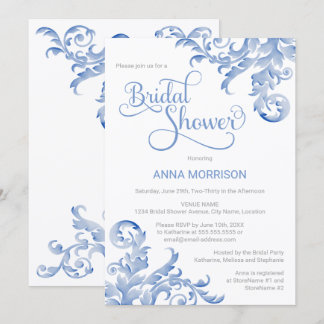 Invitación Ducha de Novia con Floreo de Acuarela Azul Real Su