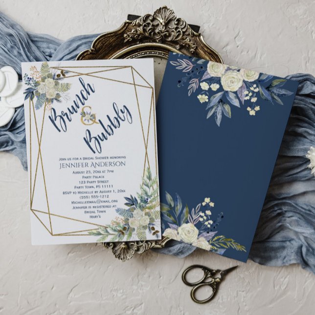 Invitación Ducha de novia con flores azules de bronce (Subido por el creador)