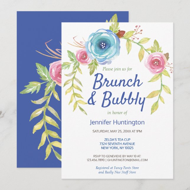 Invitación Ducha de novia con flores azules de bronce (Anverso / Reverso)