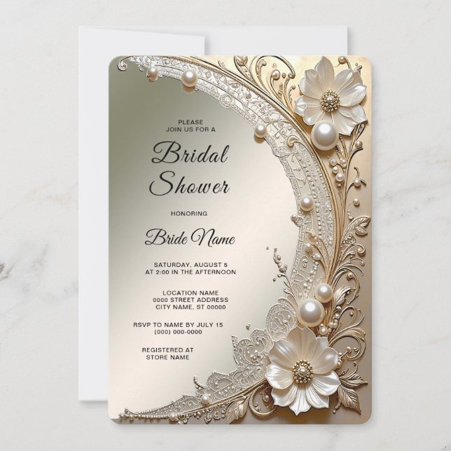 Invitación Ducha de Novia con Flores Blancas Modernas y Perla (Anverso)
